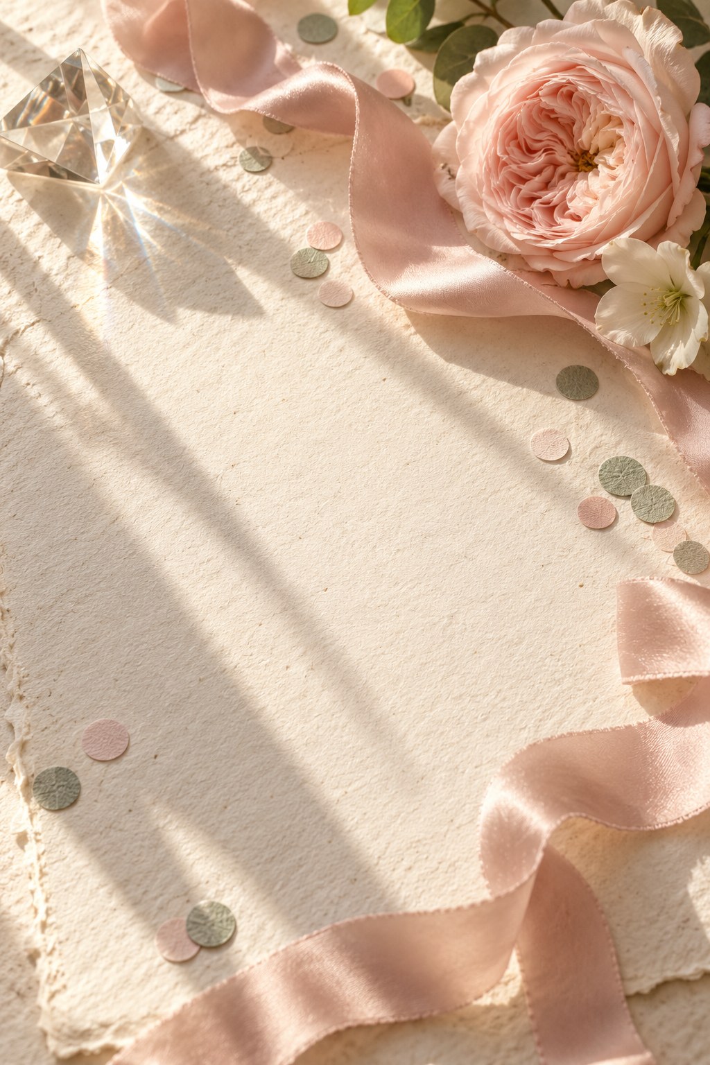 Blush ribbon, flowers and confetti on ivory paper